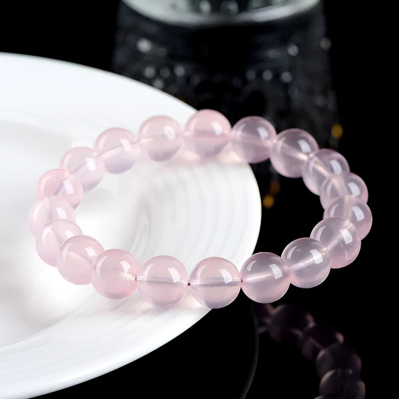 Natural crystal round beads women's bracelet with polished pink beads in single circle design