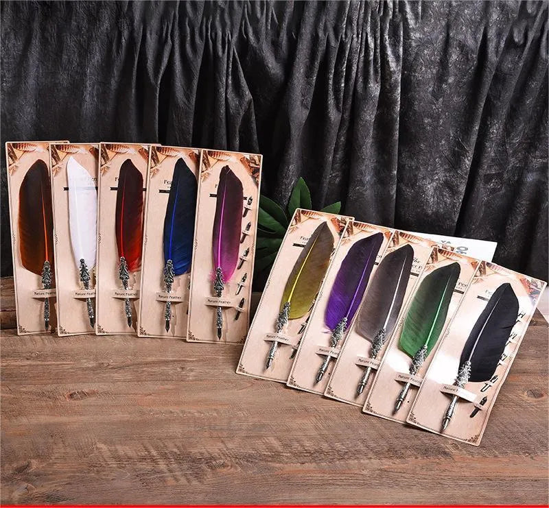 European retro vintage feather pen with zinc alloy shell in various colours measuring 30x13x4 cm