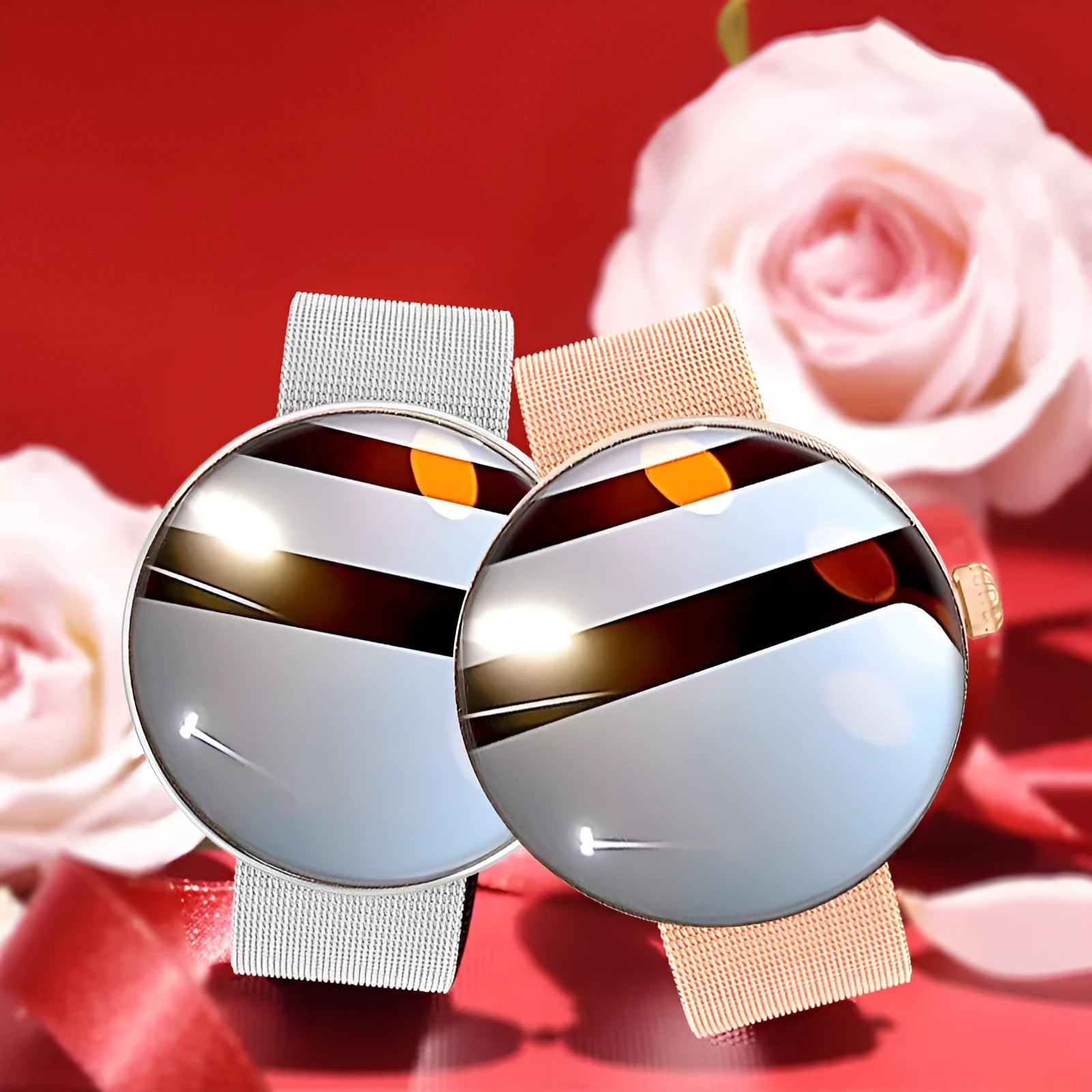 Women's smart watch with circular colour screen and metal strap on a wrist.