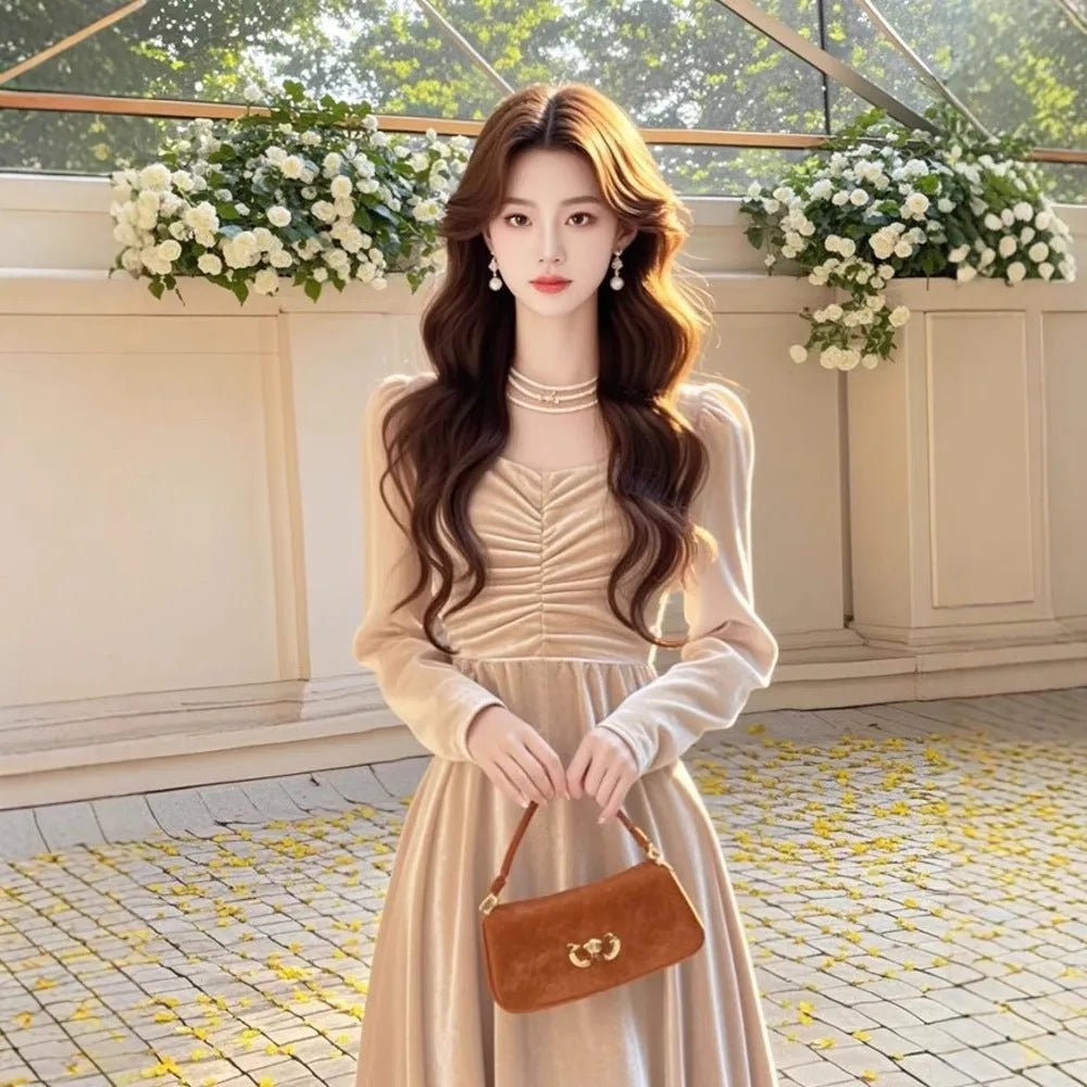 Solid colour fairy dress with mid-waist long sleeves in blue, shown on model