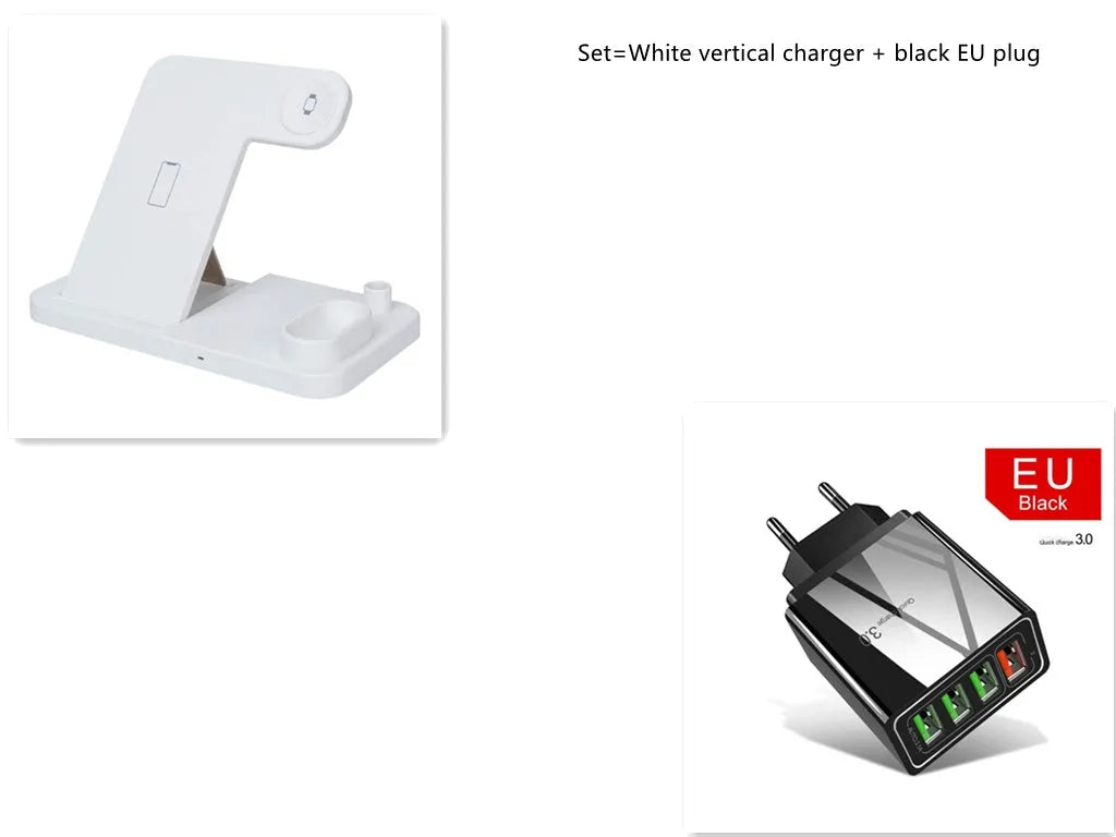 4-in-1 wireless charging station showing iPhone, Apple Watch, AirPods and Apple Pencil charging simultaneously on adjustable stand
