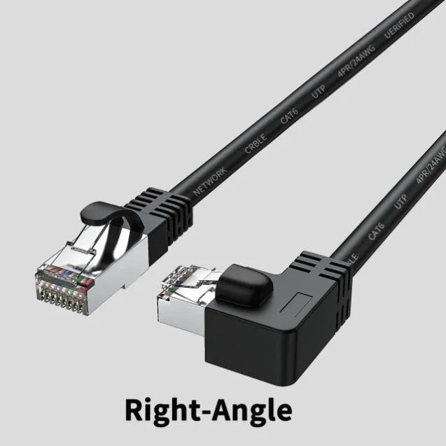 Right-angled Cat6 Ethernet cable with metal connector in various colours including black, red, and yellow.