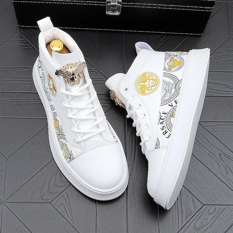 Men's black high-top board shoes with white sole, lace-up closure, and round toe
