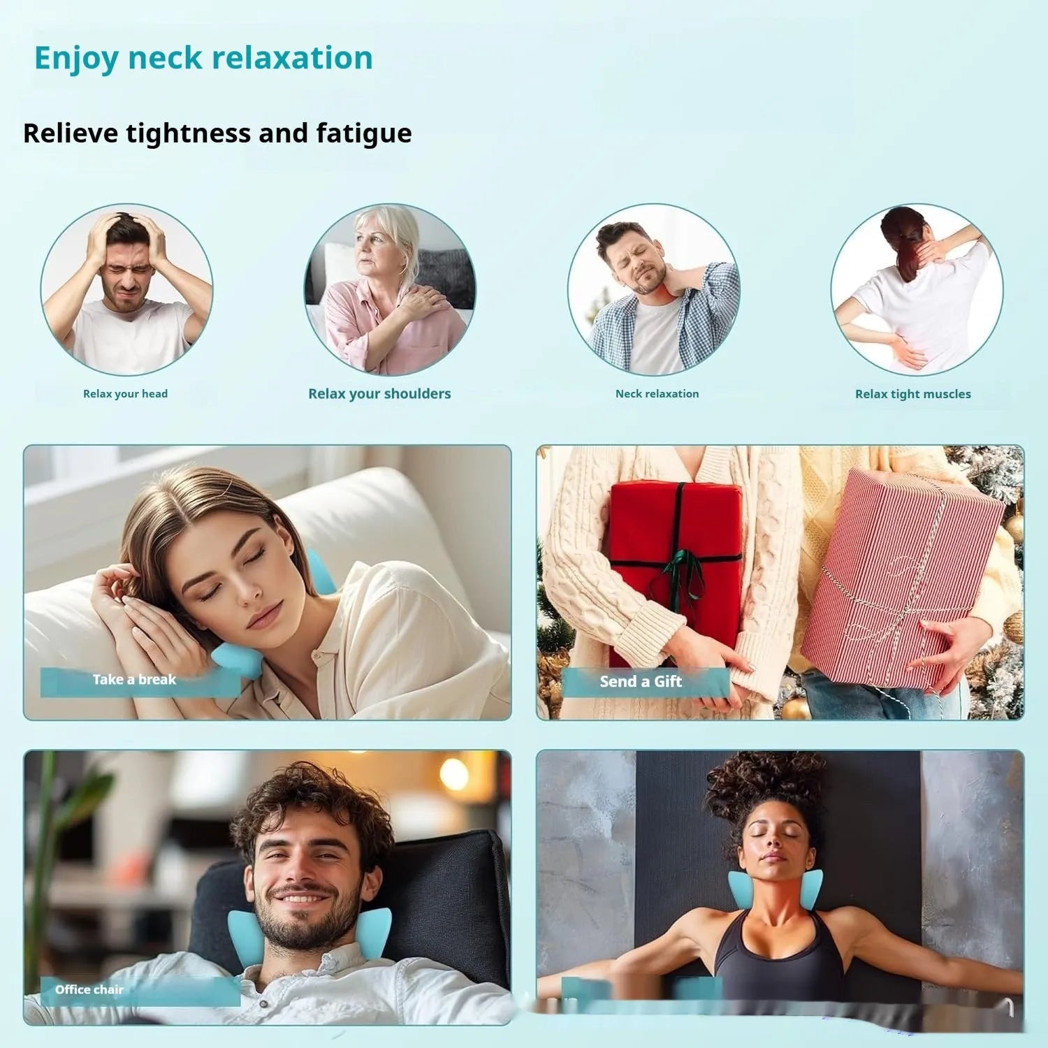 Blue PU leather sleep cervical traction pillow with infrared red light pulse functions, dimensions 230x200x130mm