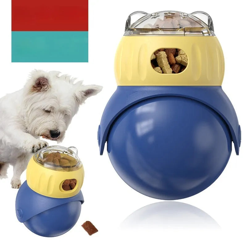 Owl-themed yellow and blue plastic cat feeder tumbler with food puzzle system