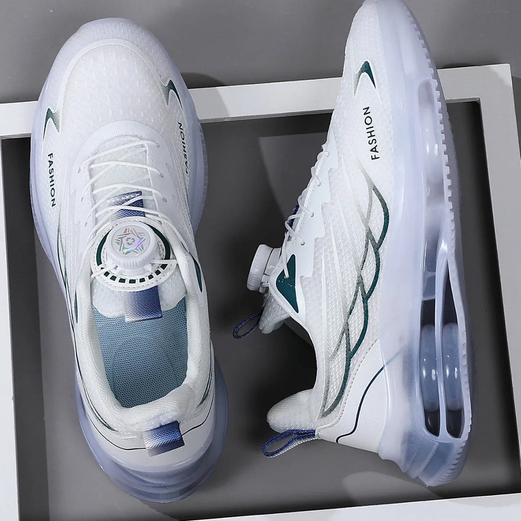 White men's casual sports shoes with rotating button lace system and mesh upper