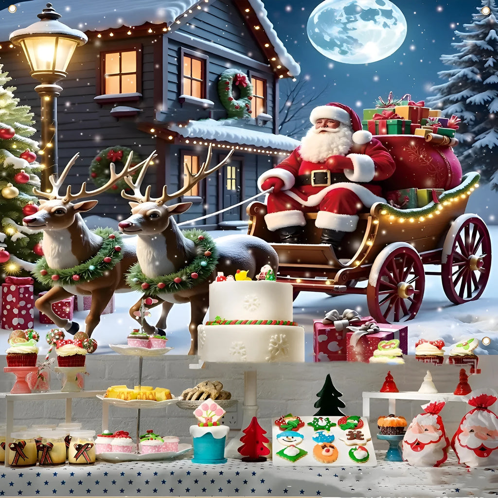 Red Christmas banner with Santa Claus and gift scene decoration