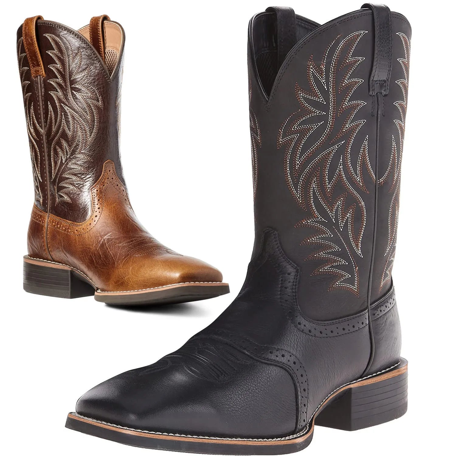 Men's black embroidered cowboy boots with square toe and horseshoe heel on a plain background.