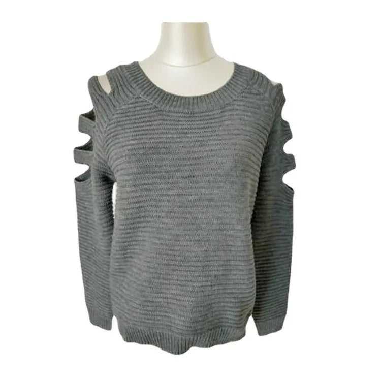 Women's white crocheted hollow-out long-sleeved pullover shirt with round neckline