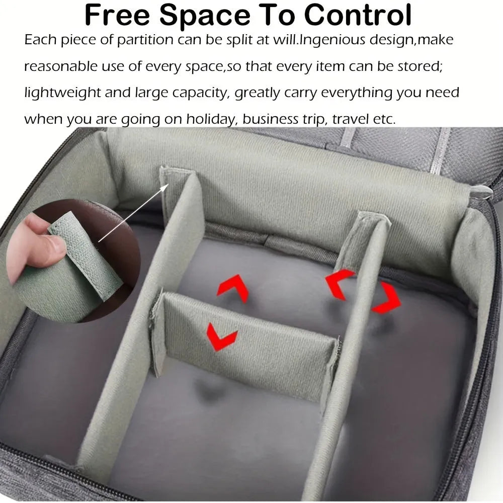Black and grey waterproof electronics organiser bag open to show removable dividers and mesh pockets for cables.