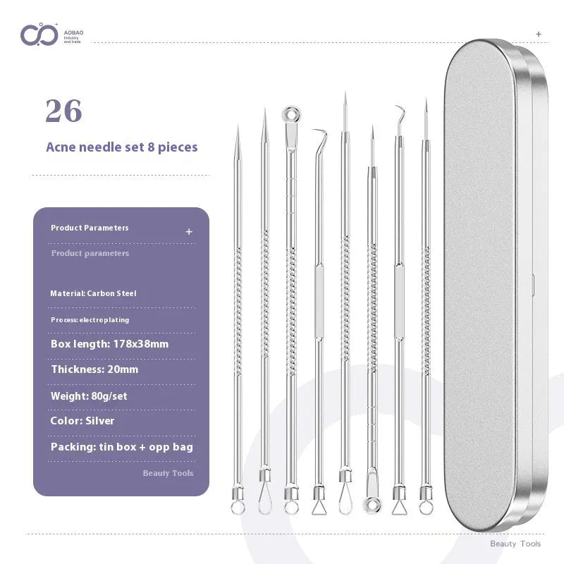 Four silver metal acne needles with pointed tips for skincare extraction