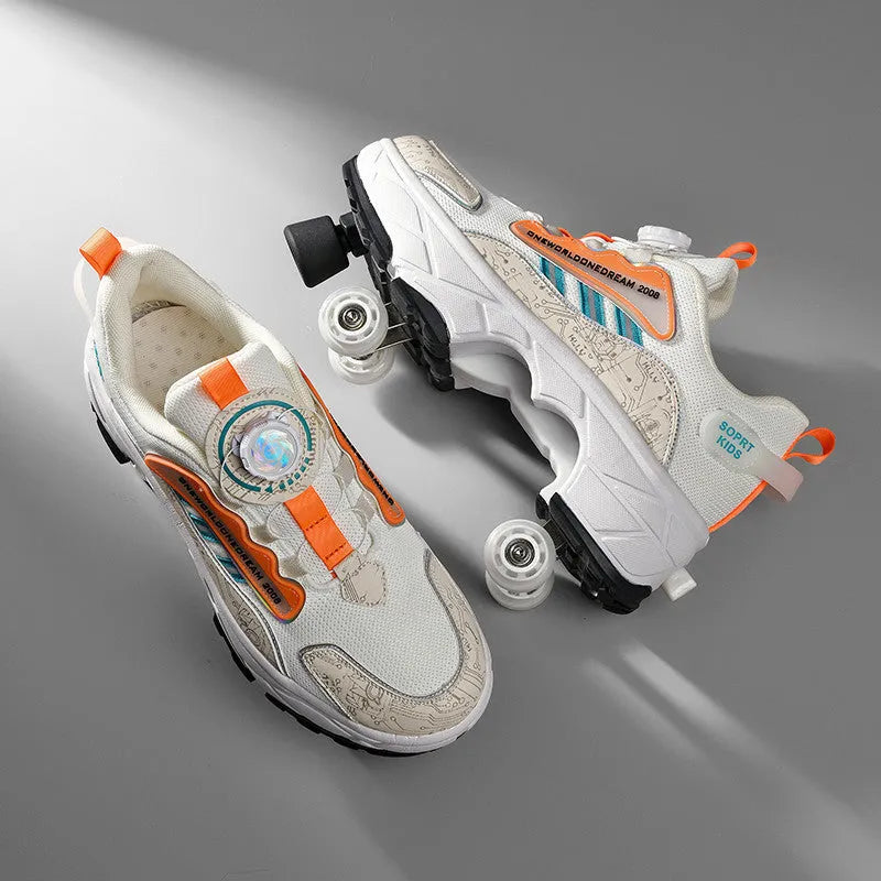 Children's quad roller skates with PU wheels and brake system in beige and orange, side view showing wheel and lace-up boot