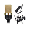Champagne gold wired condenser microphone with stand on a table.
