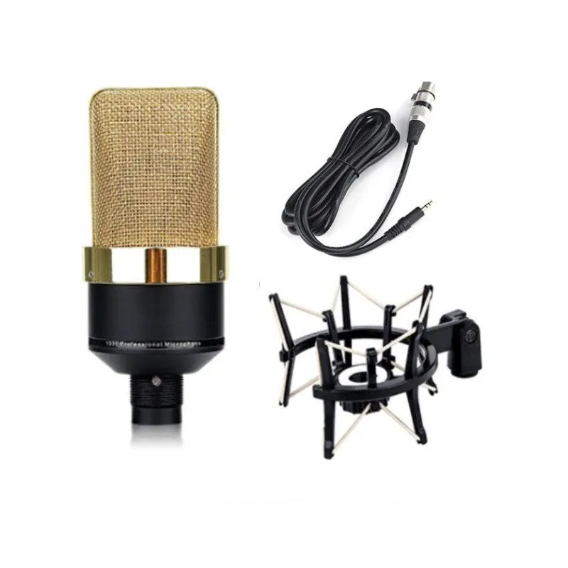 Champagne gold wired condenser microphone with stand on a table.
