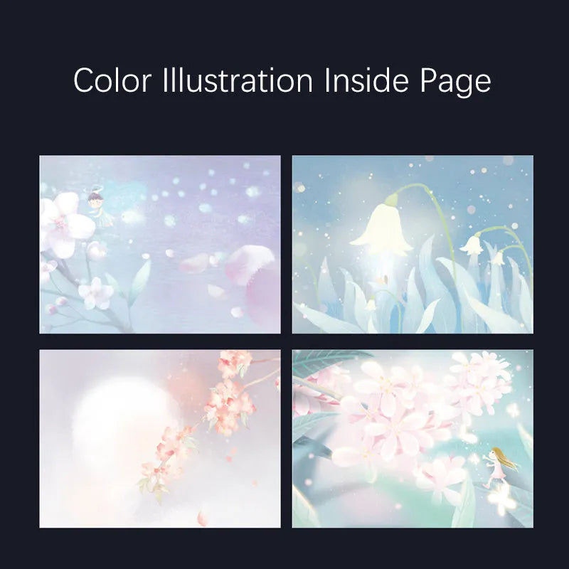 A5 notebook with luminous purple cover open to show pages filled with colour illustrations.