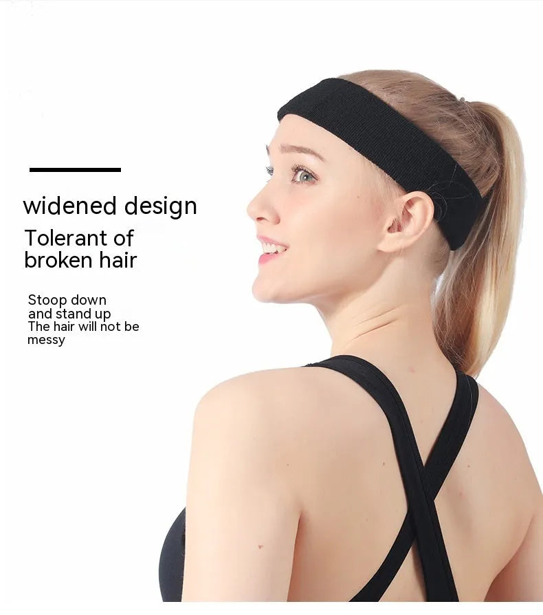 Elastic solid colour sports anti sweat headband shown in blue, red, black, rose red, and sky blue.