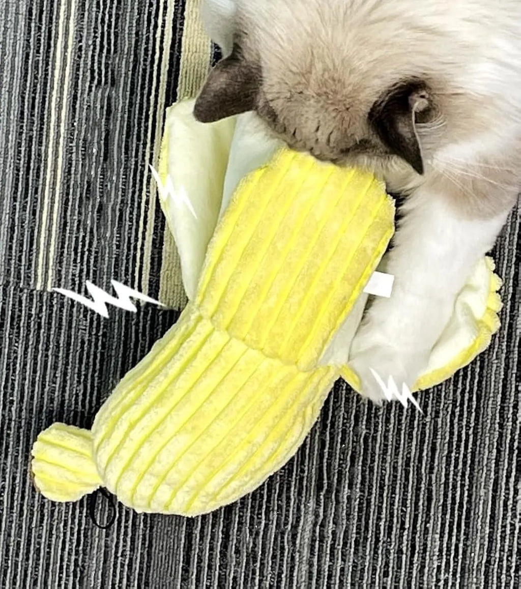Yellow banana-shaped cat crinkle toy with soft plush material for indoor kitten chew play