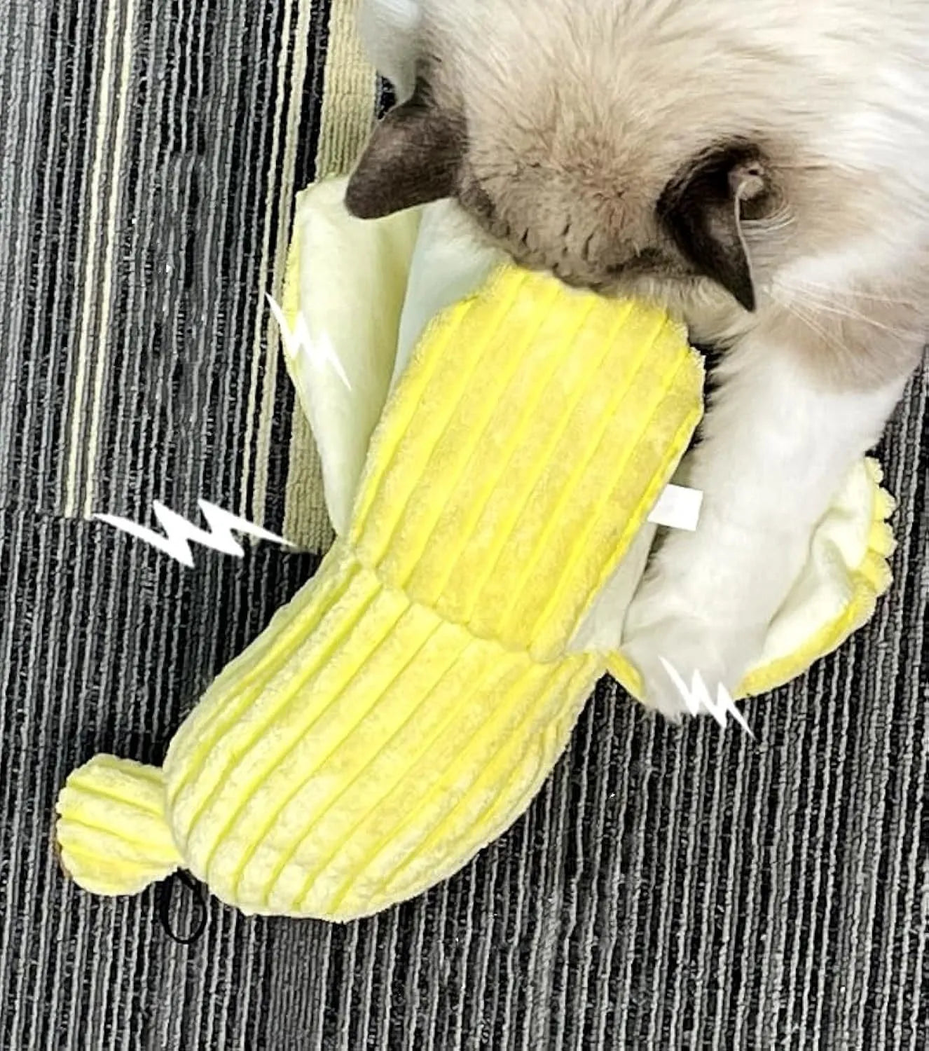 Yellow banana-shaped cat crinkle toy with soft plush material for indoor kitten chew play