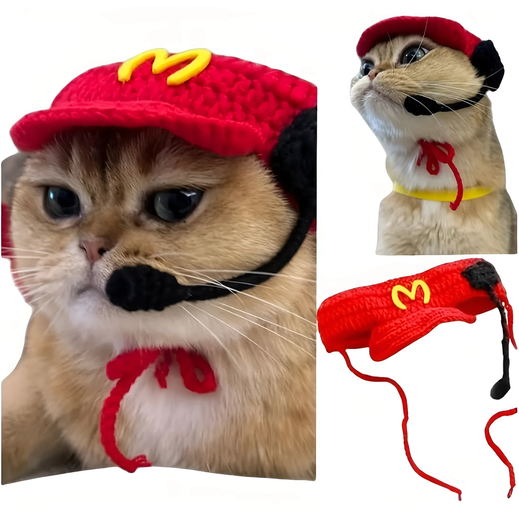 Handmade white cat chef hat and knitted sweater pet costume set for birthday parties