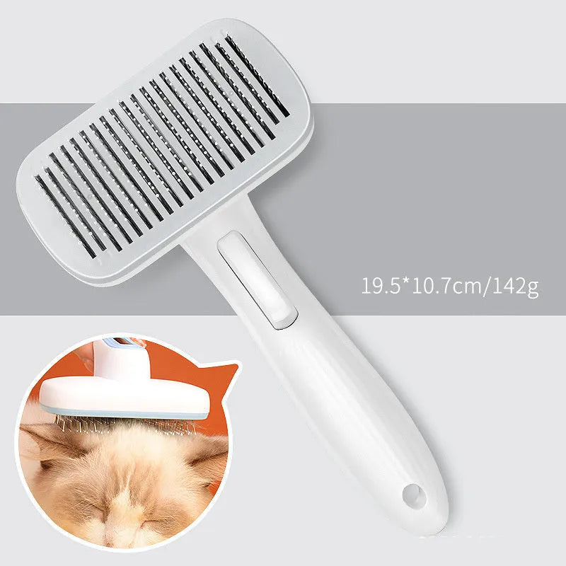 Blue automatic pet hair removal comb for dogs and cats on a table.