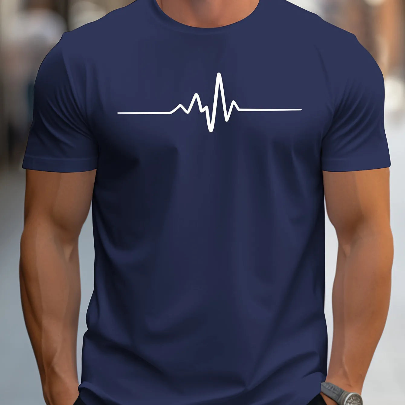 Men's loose-fit short-sleeve t-shirt with a printed letter pattern, shown in a casual style.