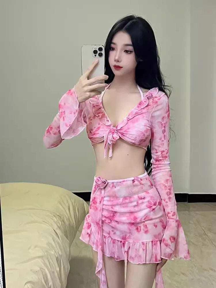 Women's floral bikini swimsuit set in cherry blossom pink colour