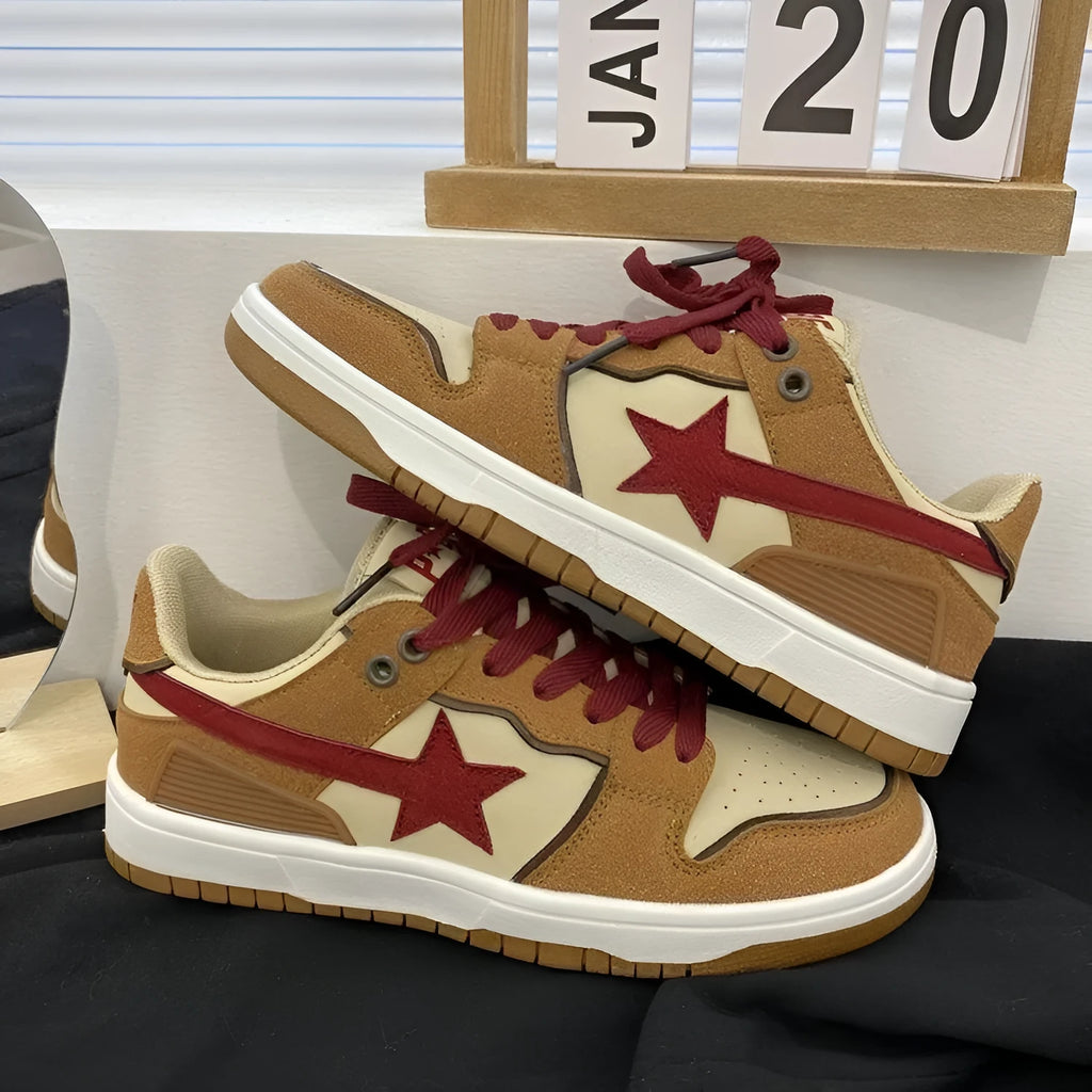 Brown women's low-top platform sneakers with sequin details and a lace-up front.