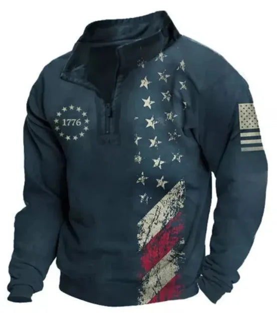Men's loose fit long sleeve t-shirt with retro colour printing and stripe pattern, showing zip detail on sleeve.