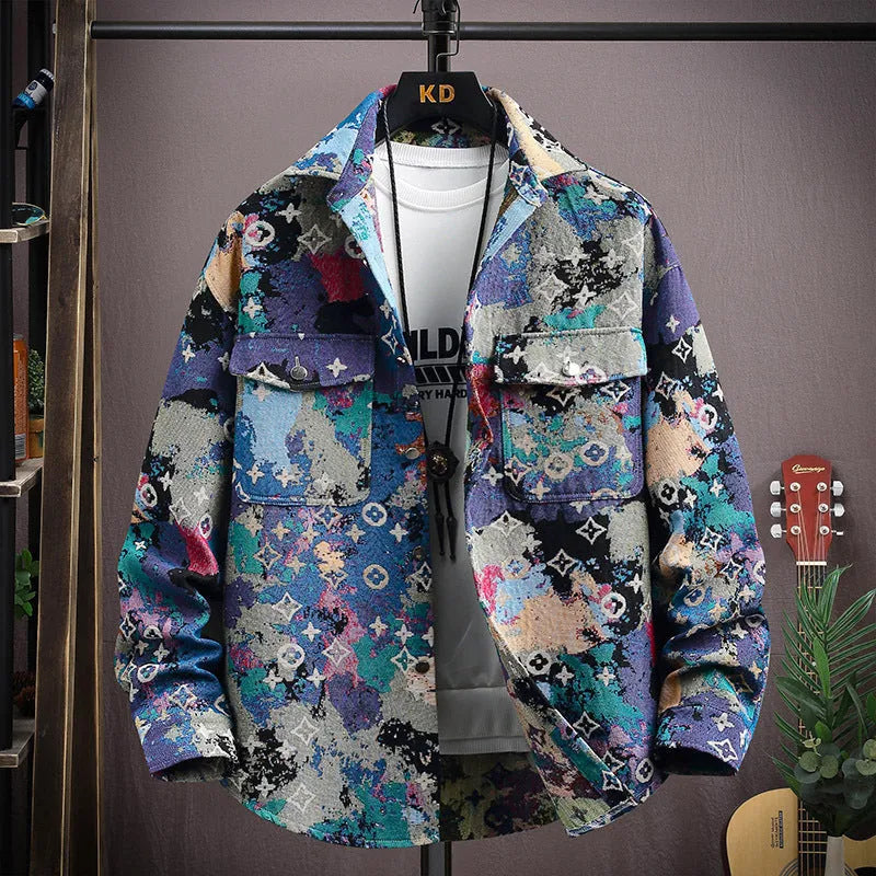 Casual lapel shirt coat in blue with long sleeves and straight hem on a hanger