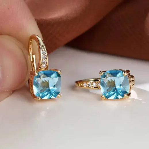 Square geometric ear clip earrings with colourful moissanite inlays and electroplated gold finish