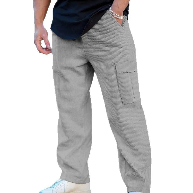 Men's straight-leg corduroy cargo trousers in navy blue with a drawstring waist.