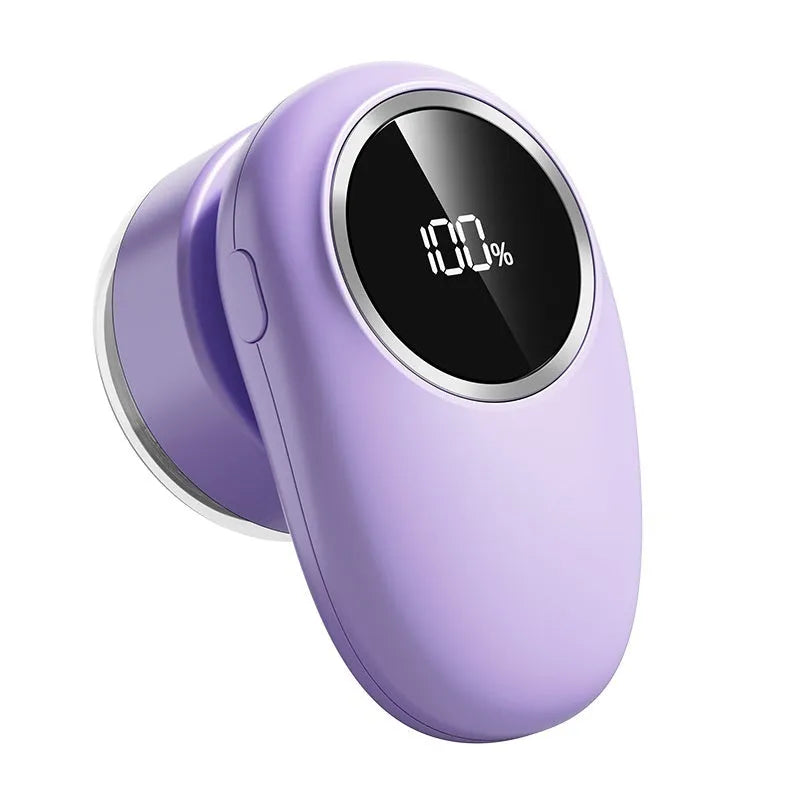 USB rechargeable fur ball trimmer with digital display, shown in beige and purple colour options with multiple cutter head configurations.