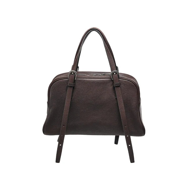 Genuine leather retro shoulder bag in horizontal square shape with double straps