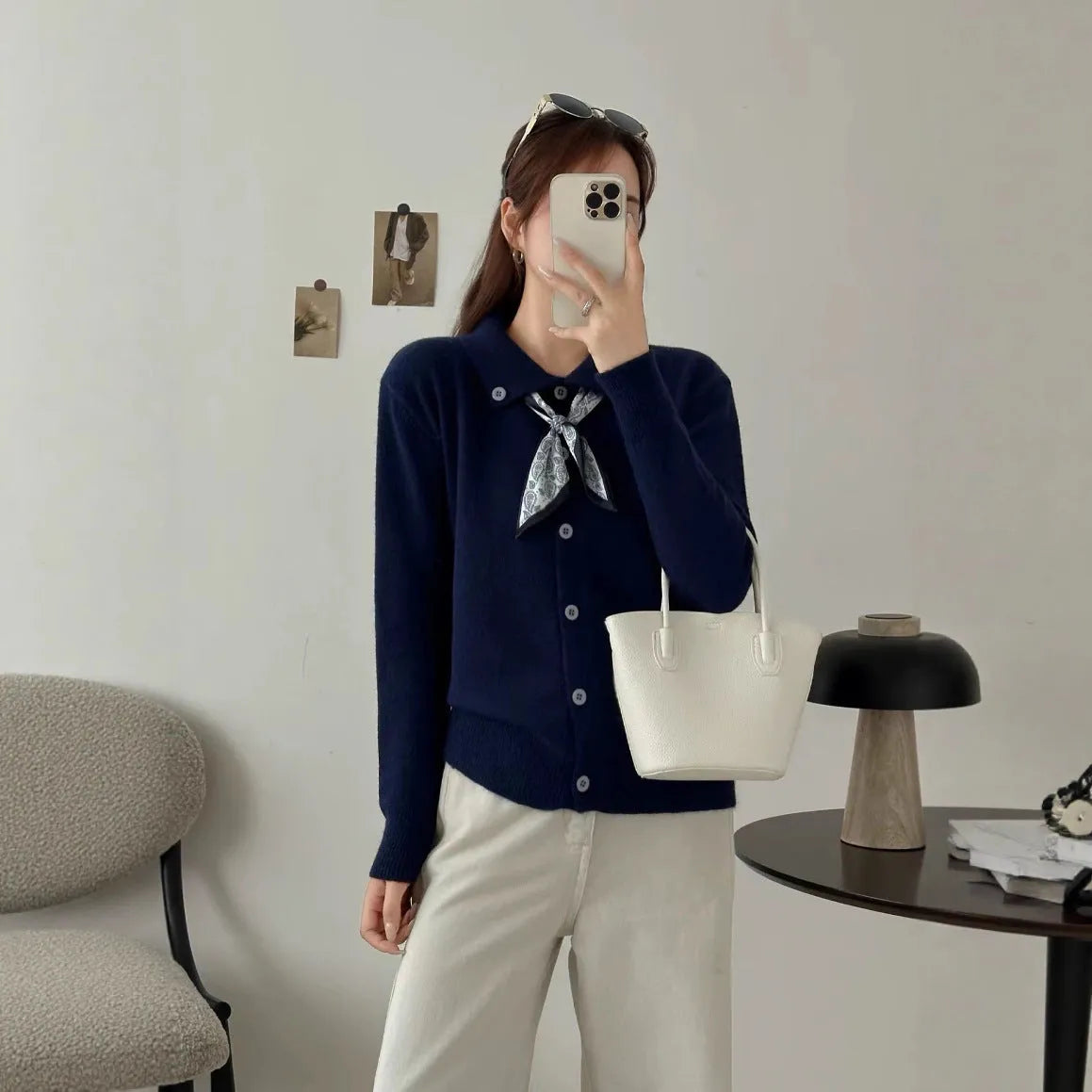 Women's milky white acrylic cardigan with attached lapel scarf and long sleeves