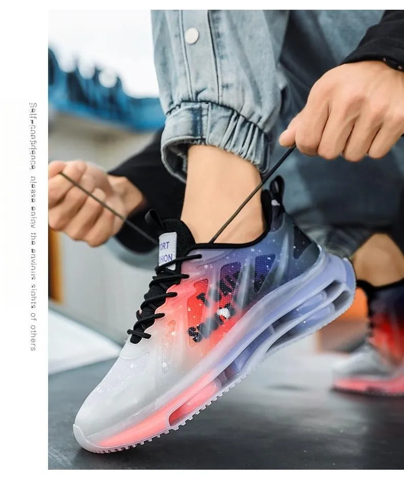 Men's casual platform running shoes in mesh with rubber sole, showing lace-up design and colour options