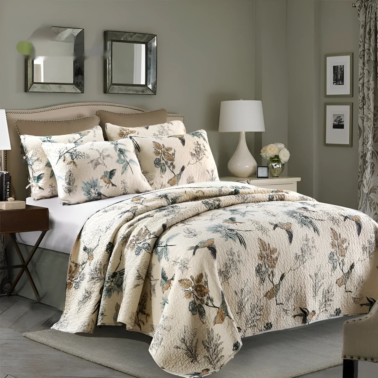 Quilted pure cotton bed cover set with printed pattern on a bed, includes two matching pillowcases.