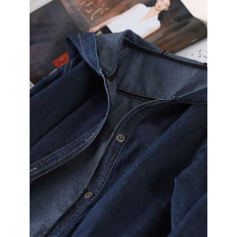Long sleeve solid colour hooded denim top with large pocket in light blue front view