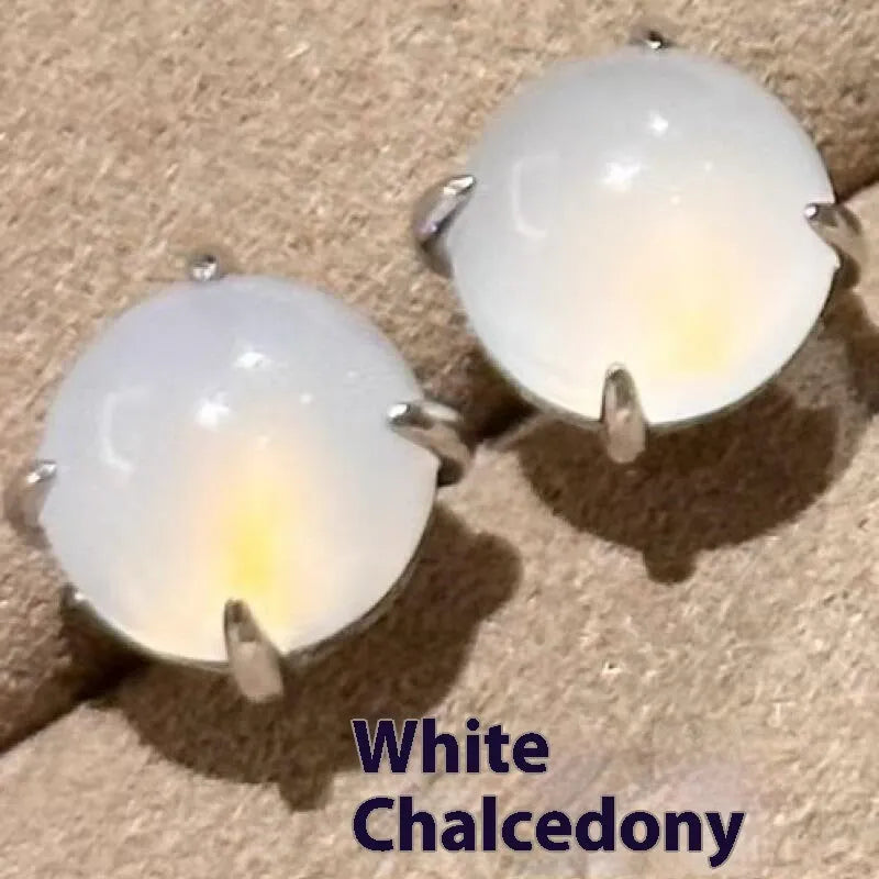 Chinese style chalcedony stud earrings with round egg surface stones in copper four-claw settings