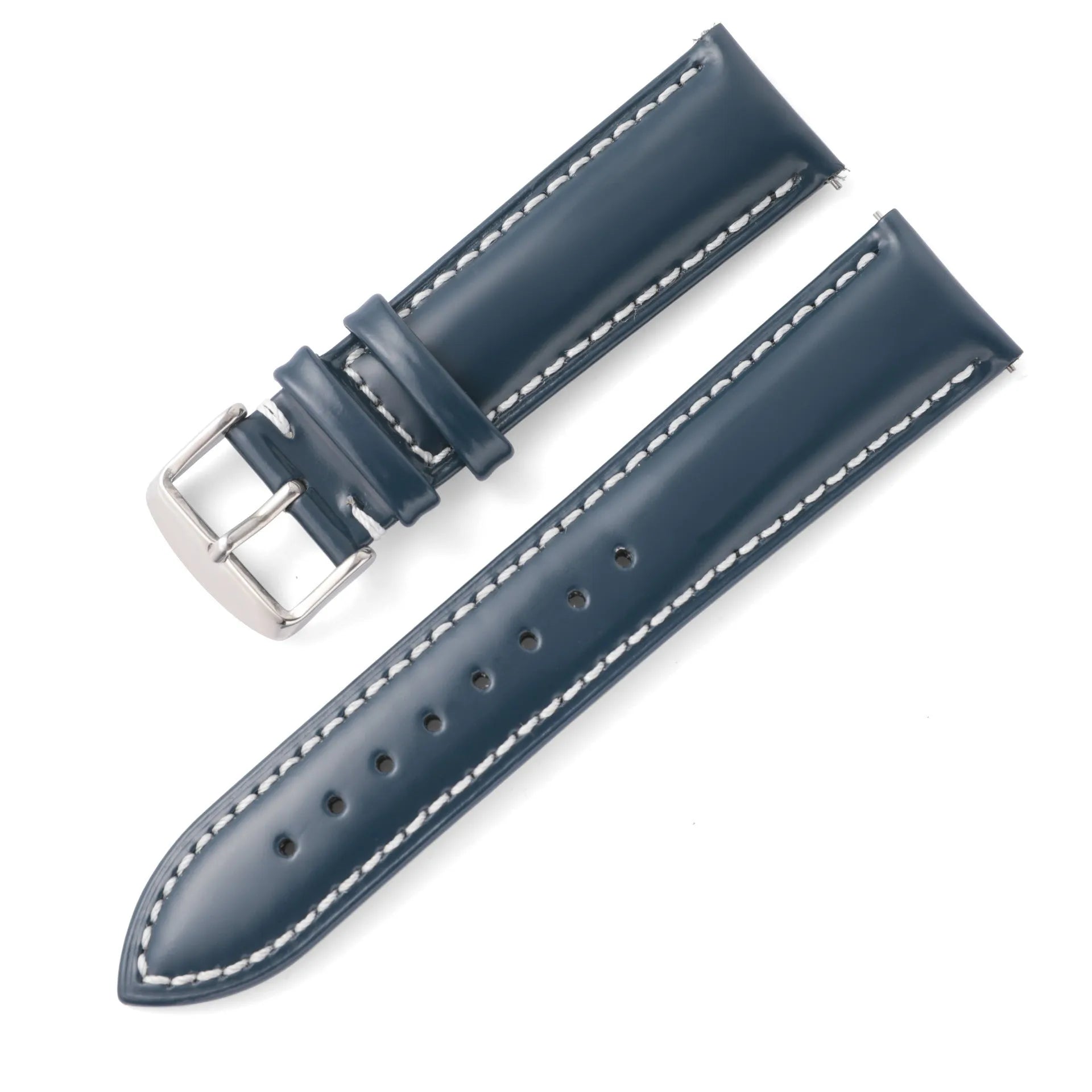 Quick-release cowhide leather watch strap in black with white accent line, showing the spring bar mechanism.