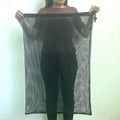Black mesh drawstring storage bag showing grid pattern and closure