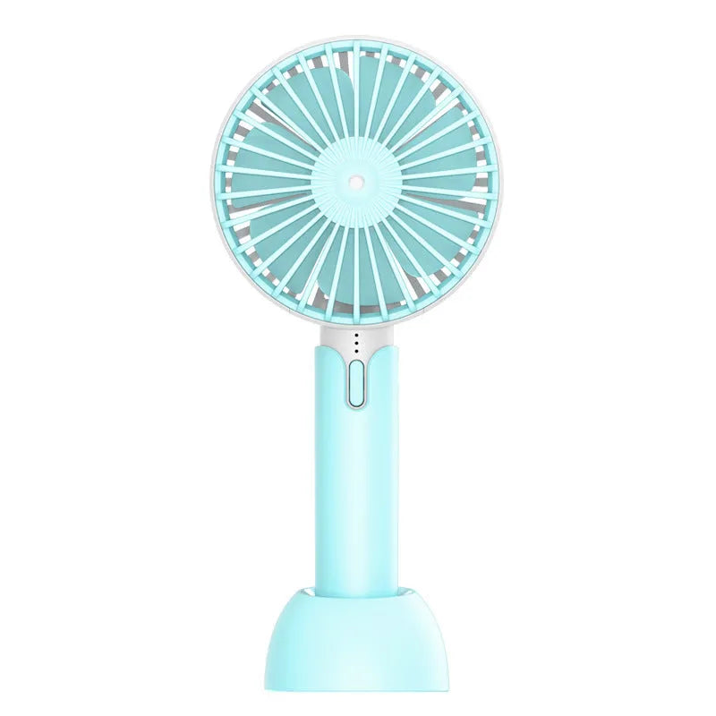 Blue mini handheld USB electric fan with three-speed control on a desk