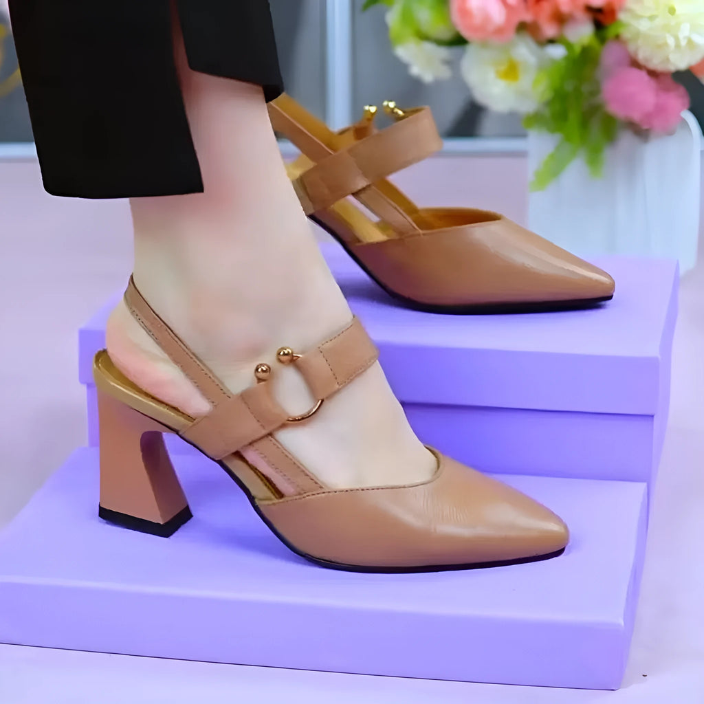 Women's closed toe leather sandals with a chunky high heel in apricot colour