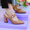 Women's closed toe leather sandals with a chunky high heel in apricot colour
