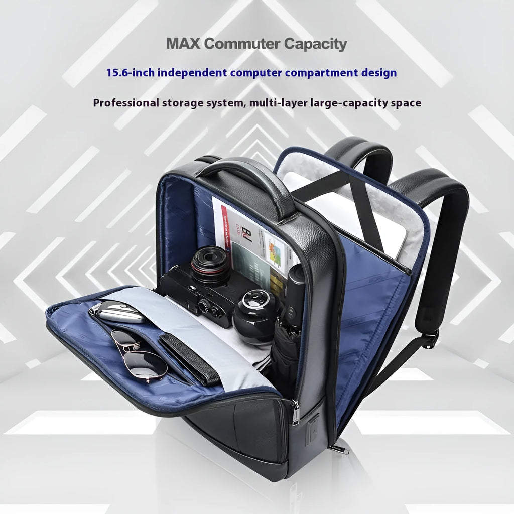 Black genuine leather business commuter backpack with USB port and curved shoulder straps