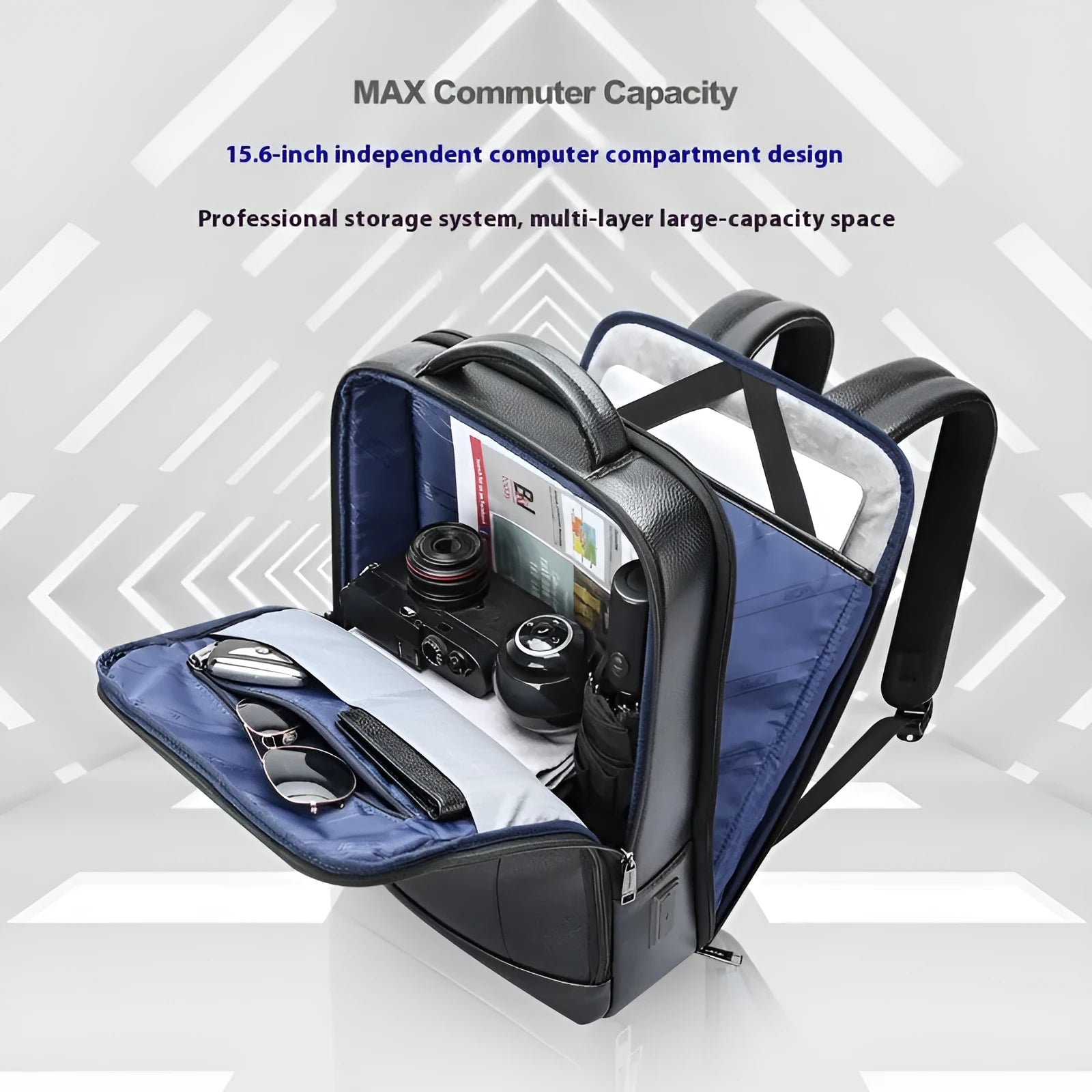 Black genuine leather business commuter backpack with USB port and curved shoulder straps