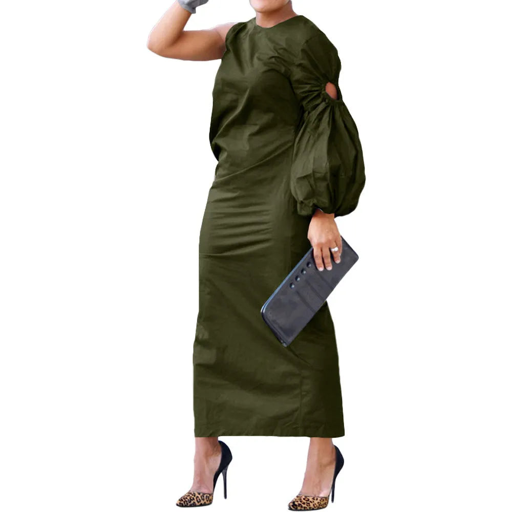 Long lantern sleeve side slit dress with elastic waist in solid colour, available in black army green white yellow sizes S to 3XL