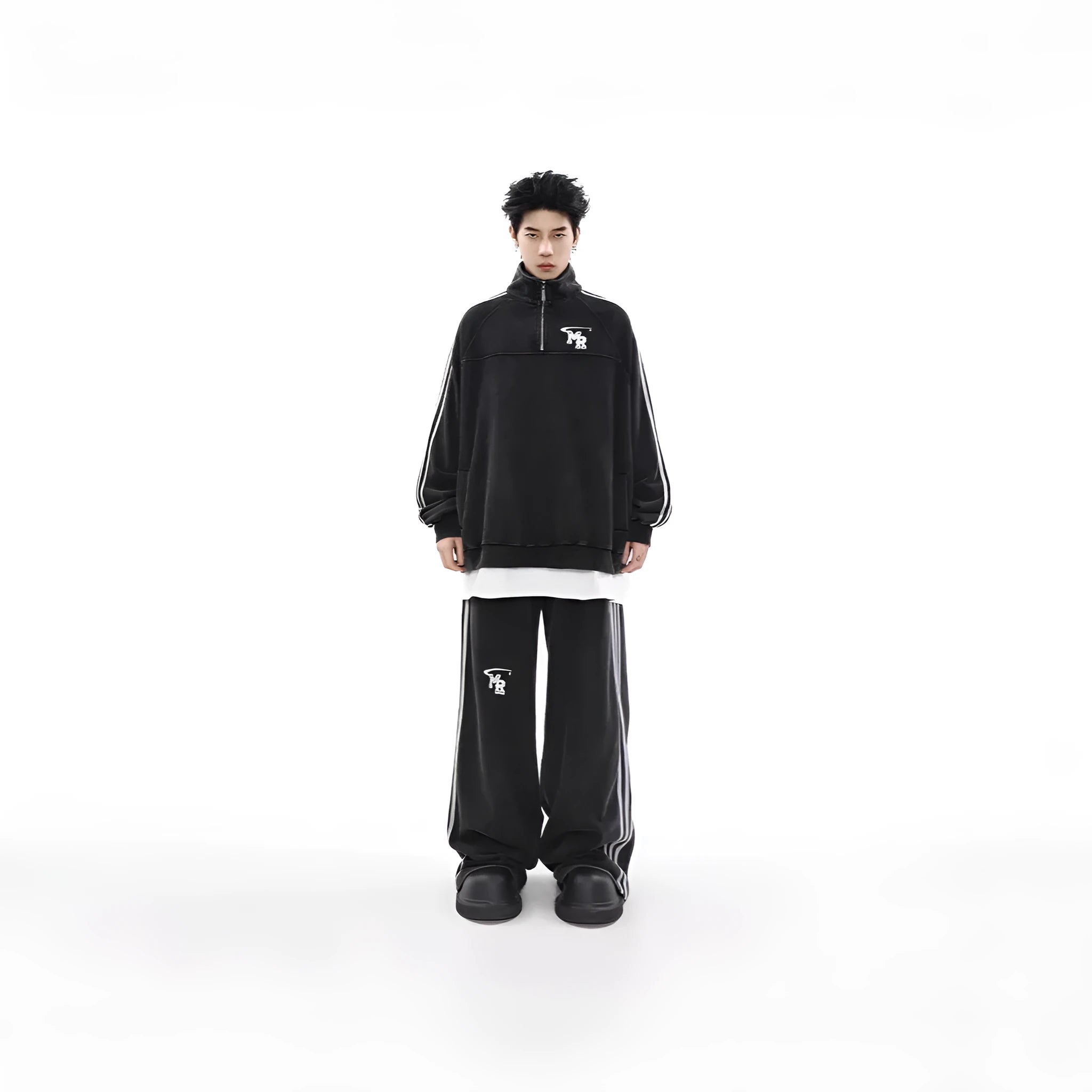 Black retro-style stand collar hoodie for couples on a mannequin, showing long sleeves and coat-style cut.