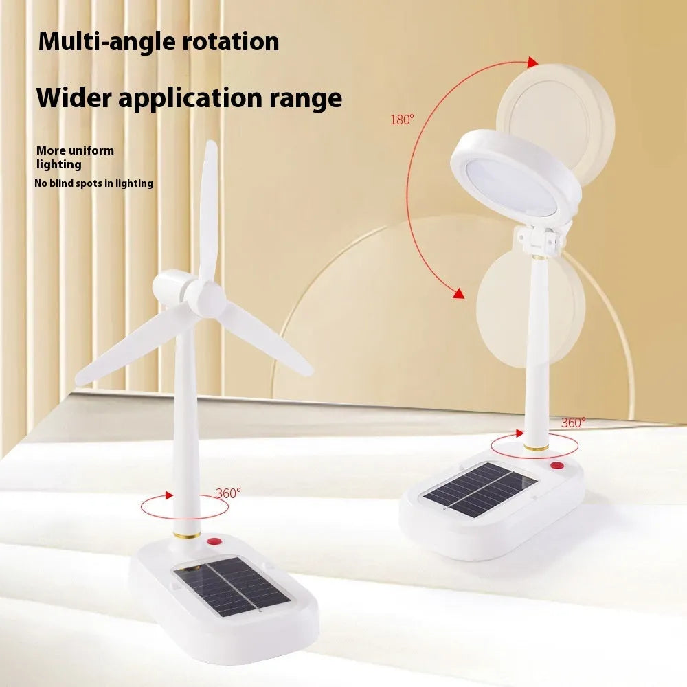 Ivory white solar-powered table fan with integrated LED study lamp on a desk