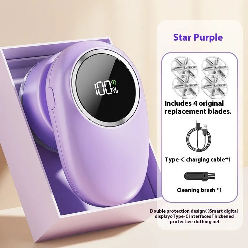 USB rechargeable fur ball trimmer with digital display, shown in beige and purple colour options with multiple cutter head configurations.