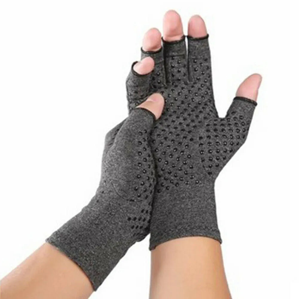 Grey half-finger joint compression gloves made from polyester trueran spandex fabric